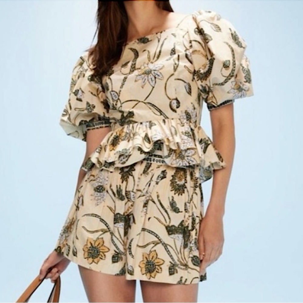 Ulla Johnson Cream Floral Mini Dress with Green and Yellow Print